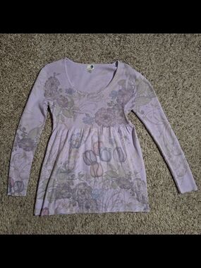 Vintage One World Lilac Purple Floral Ribbed Babydoll Tunic Top - Size L